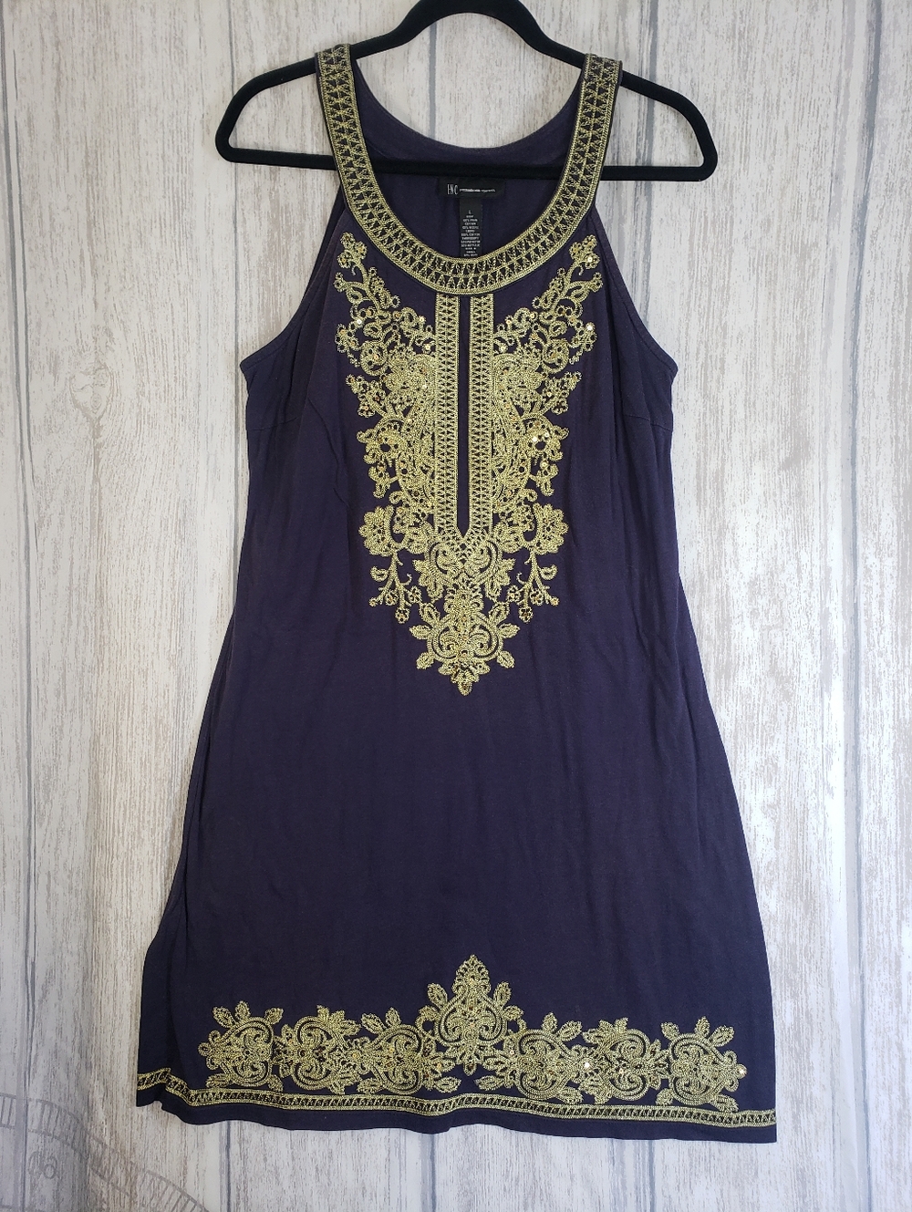 INC International Concepts embroidered Purple & Gold Cotton Shift Dress Large